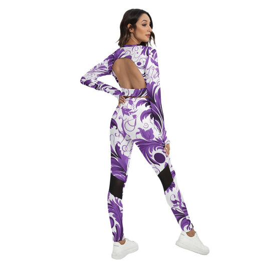 Signature Series Purple floral All-Over Print Women's Sport Set With Backless Top And Leggings