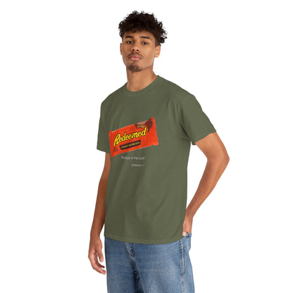 Redeemed Heavy Cotton Tee - Inspirational Faith Shirt with Peanut Butter Motif