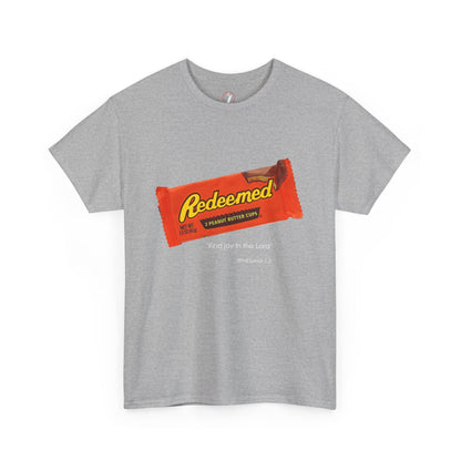 Redeemed Heavy Cotton Tee - Inspirational Faith Shirt with Peanut Butter Motif