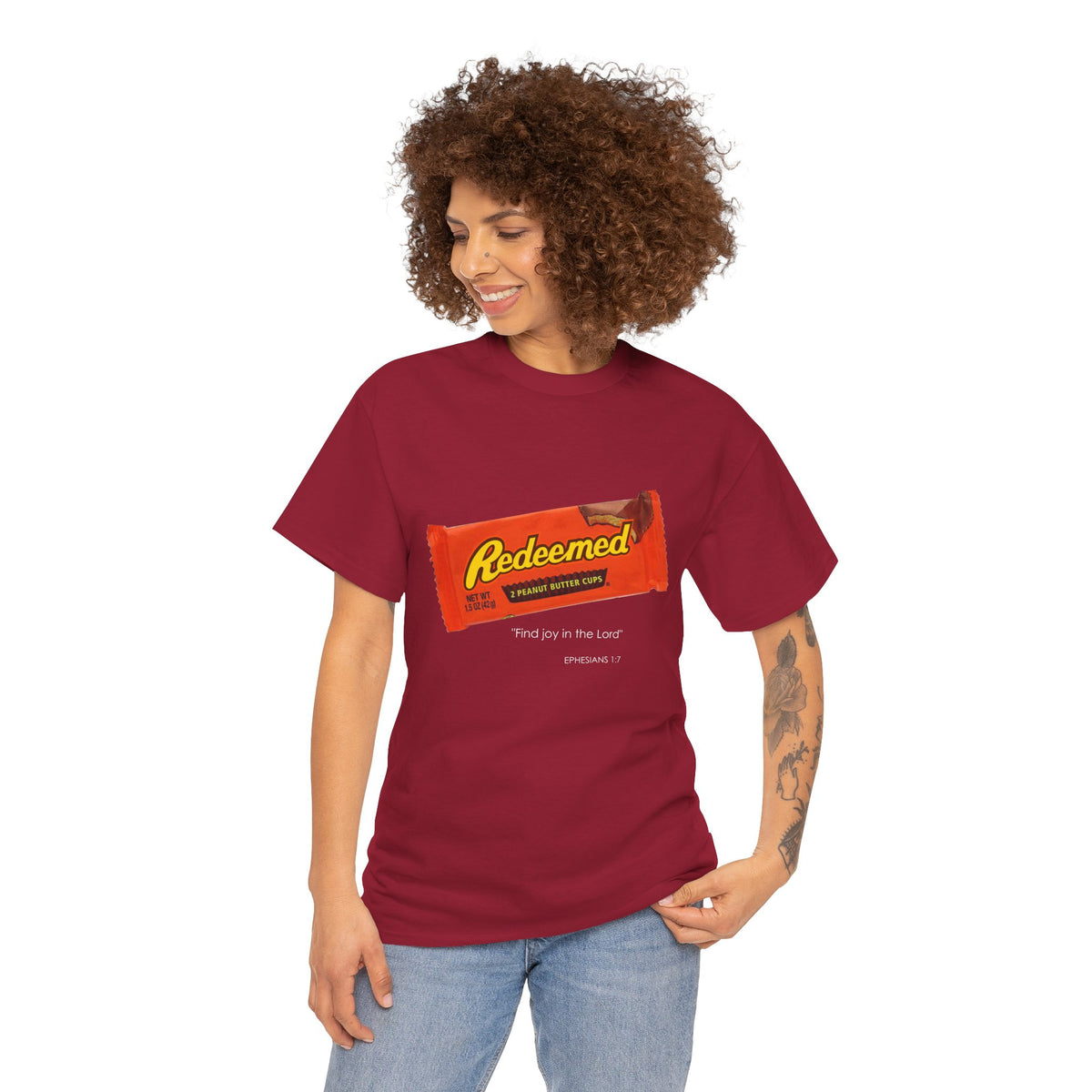 Redeemed Heavy Cotton Tee - Inspirational Faith Shirt with Peanut Butter Motif