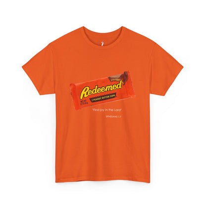 Redeemed Heavy Cotton Tee - Inspirational Faith Shirt with Peanut Butter Motif