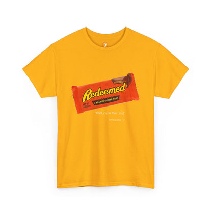 Redeemed Heavy Cotton Tee - Inspirational Faith Shirt with Peanut Butter Motif