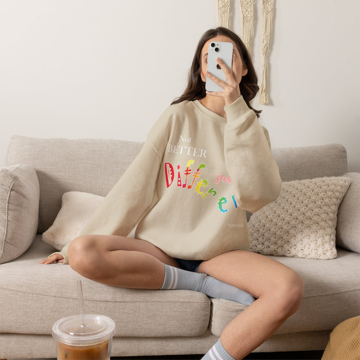 "Not Better, Just Different" Colorful Affirmative Crewneck Sweatshirt