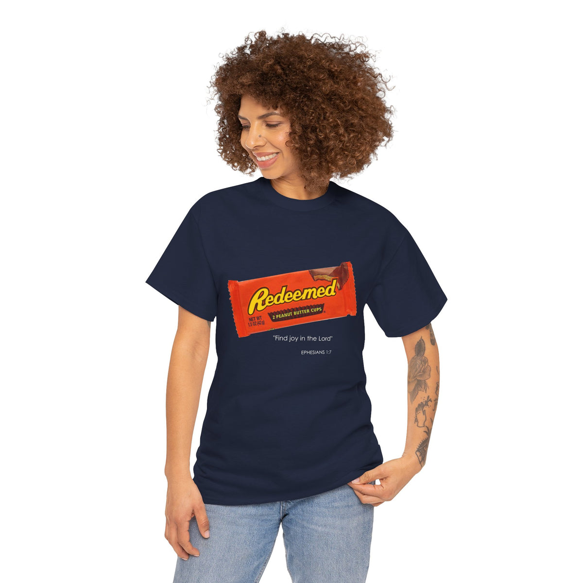 Redeemed Heavy Cotton Tee - Inspirational Faith Shirt with Peanut Butter Motif