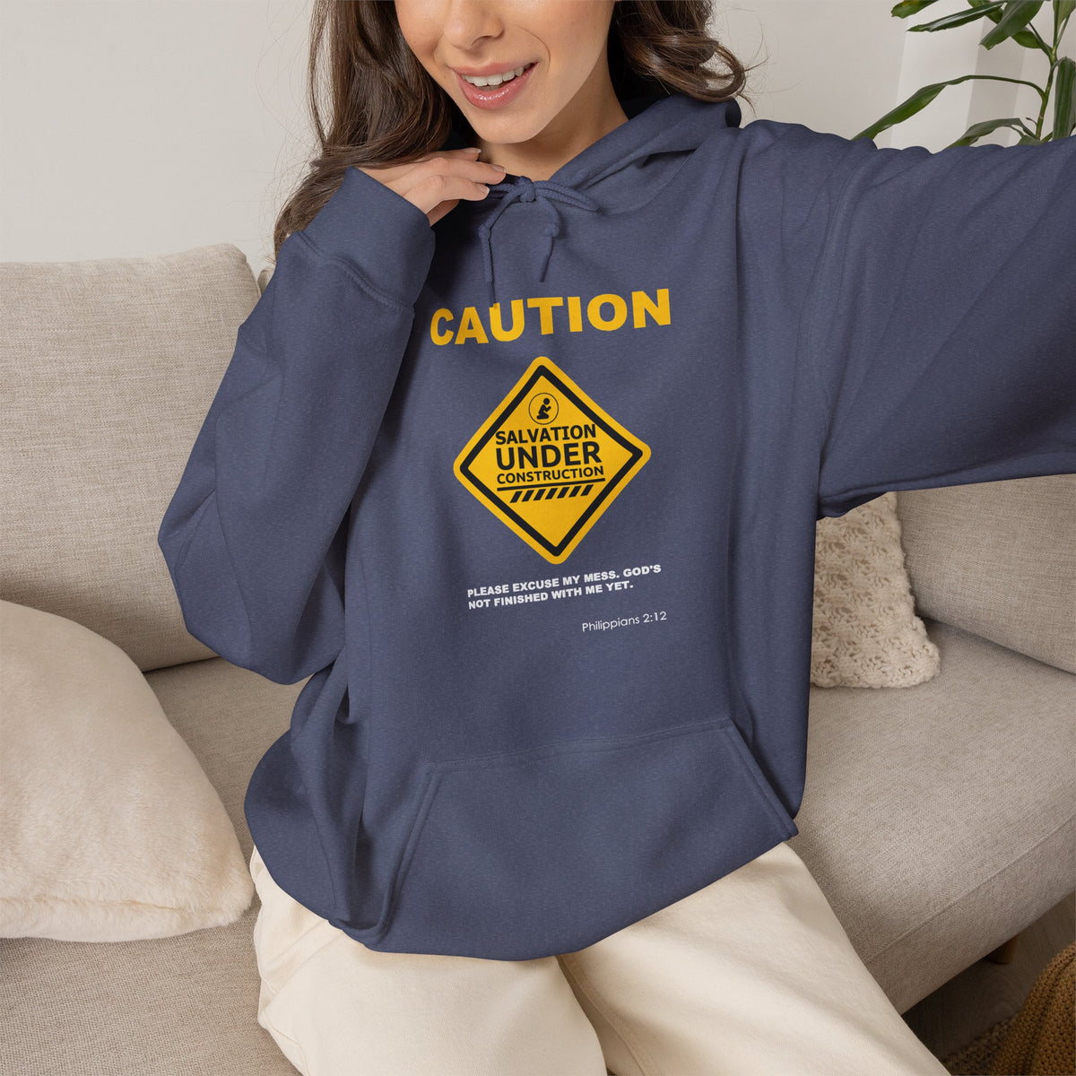 "Caution Salvation Under Construction" Graphic Pullover Hoodie