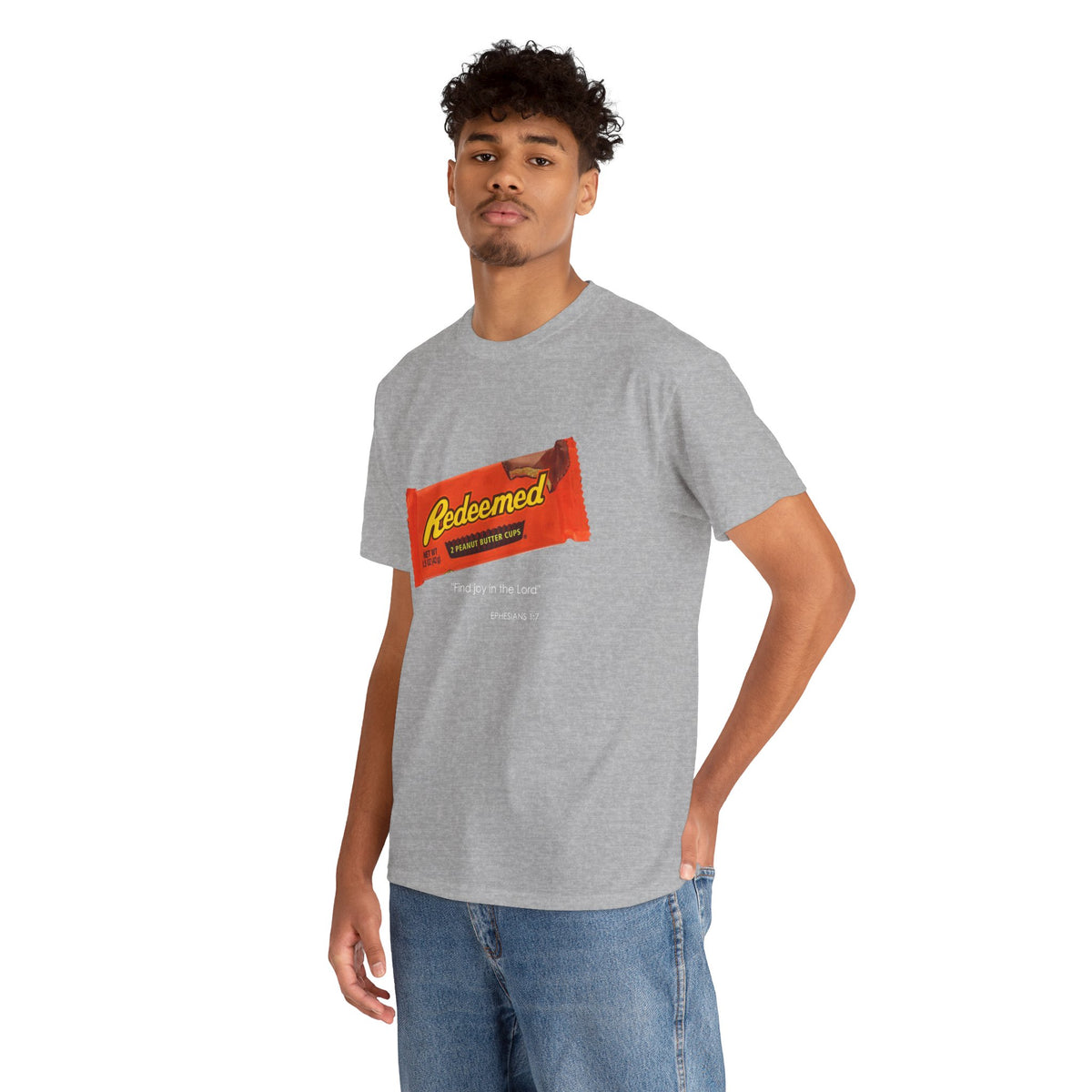 Redeemed Heavy Cotton Tee - Inspirational Faith Shirt with Peanut Butter Motif