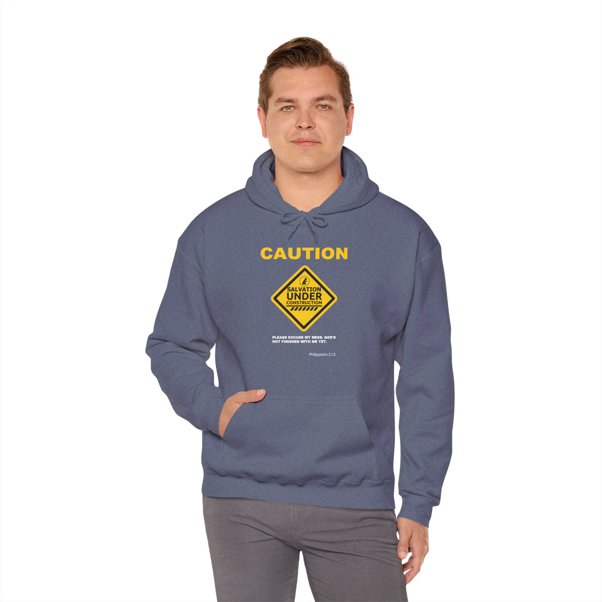 "Caution Salvation Under Construction" Graphic Pullover Hoodie