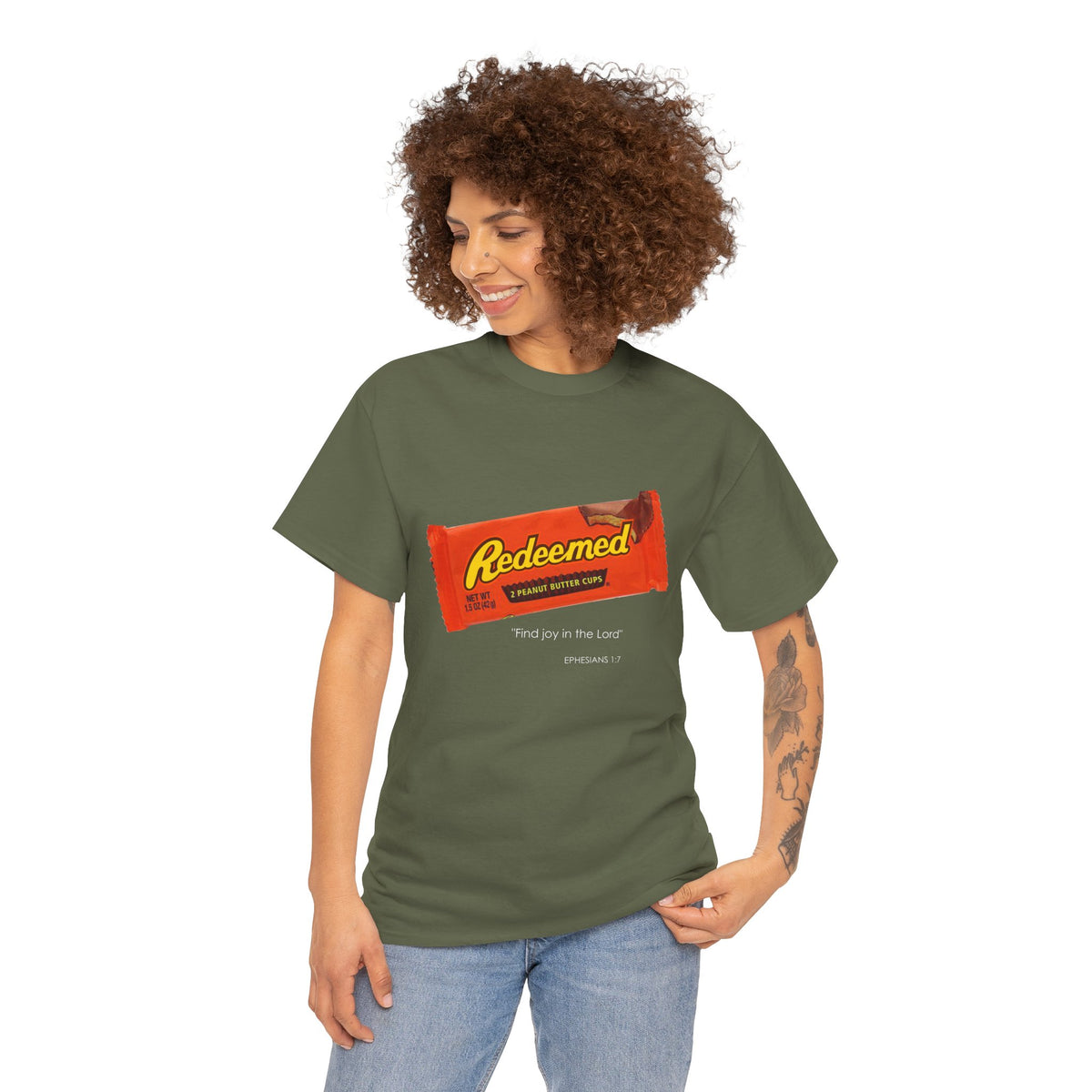 Redeemed Heavy Cotton Tee - Inspirational Faith Shirt with Peanut Butter Motif