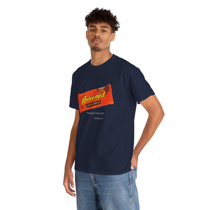 Redeemed Heavy Cotton Tee - Inspirational Faith Shirt with Peanut Butter Motif