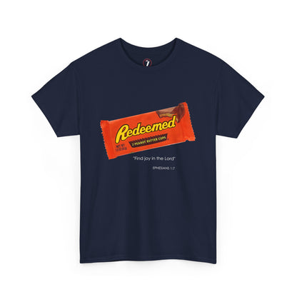 Redeemed Heavy Cotton Tee - Inspirational Faith Shirt with Peanut Butter Motif